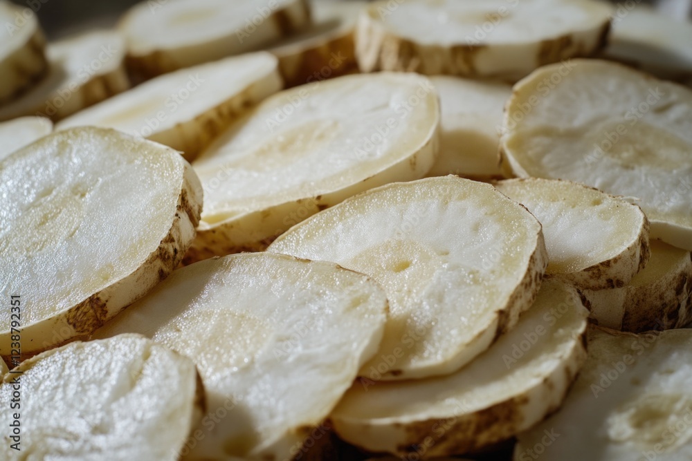 Freshly sliced potatoes served on a clean white plate, perfect for a simple meal or snack Freshly sliced potatoes served on a clean white plate, perfect for a simple meal or snack