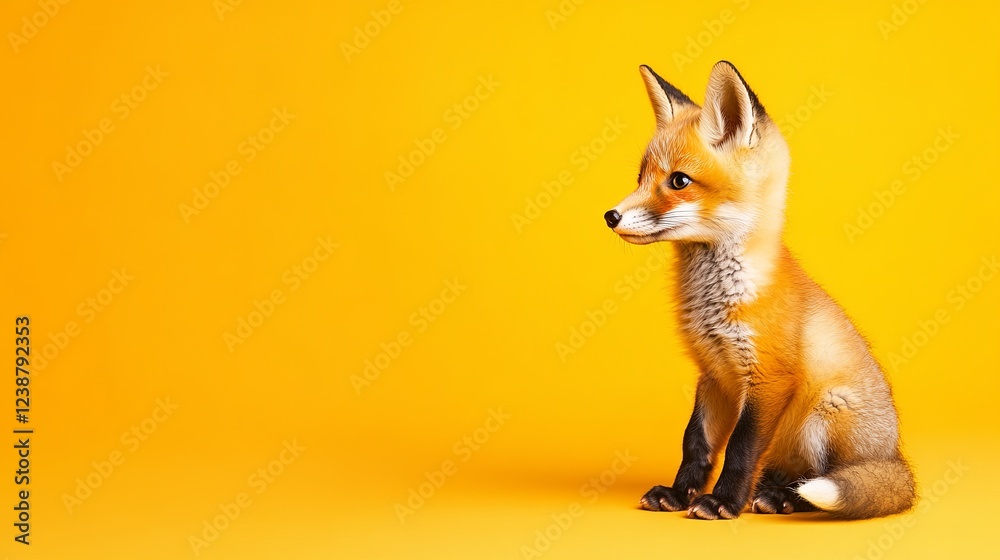 A curious fox cub on a warm yellow background, sideway, high-definition. pic A curious fox cub on a warm yellow background, sideway, high-definition. pic