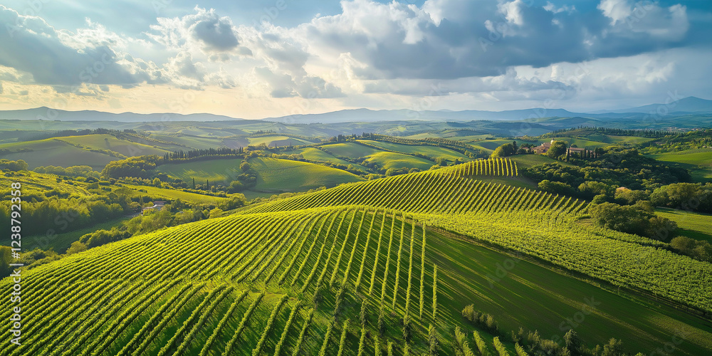 Rolling green vineyards stretching across the Tuscan countryside under a dramatic sky, bathed in warm sunlight Rolling green vineyards stretching across the Tuscan countryside under a dramatic sky, bathed in warm sunlight