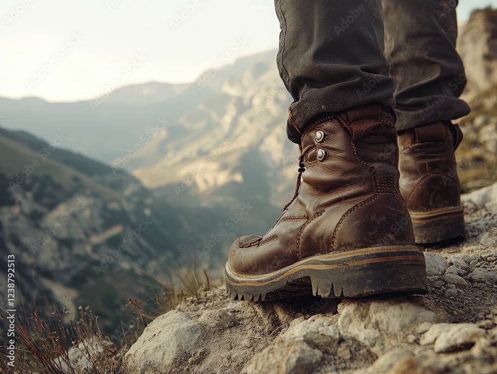 Worn hiking boots resting on a rugged mountain trail with a breathtaking summit view, symbolizing adventure and exploration. Perfect for travel, outdoor lifestyle, and trekking themes. Worn hiking boots resting on a rugged mountain trail with a breathtaking summit view, symbolizing adventure and exploration. Perfect for travel, outdoor lifestyle, and trekking themes.