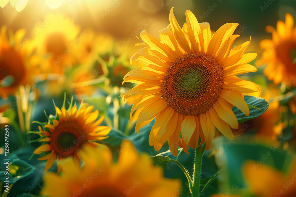 Fototapeta premium Sunflower blooms at sunrise nature photography vibrant garden peaceful environment