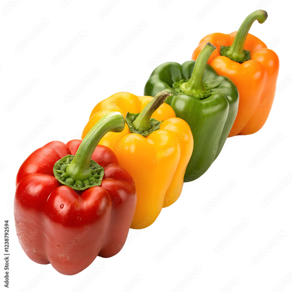 A set of colorful bell peppers arranged neatly on a transparent background A set of colorful bell peppers arranged neatly on a transparent background