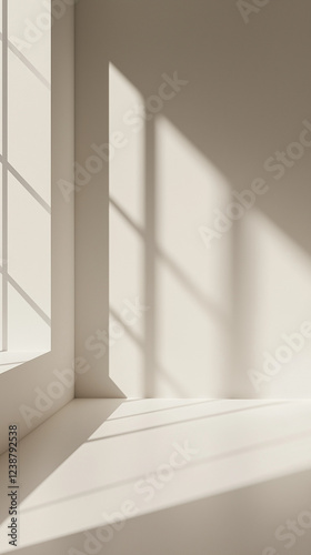 
Soft sunlight casting geometric shadows on a minimalistic beige wall and windowsill, creating a warm and tranquil atmosphere