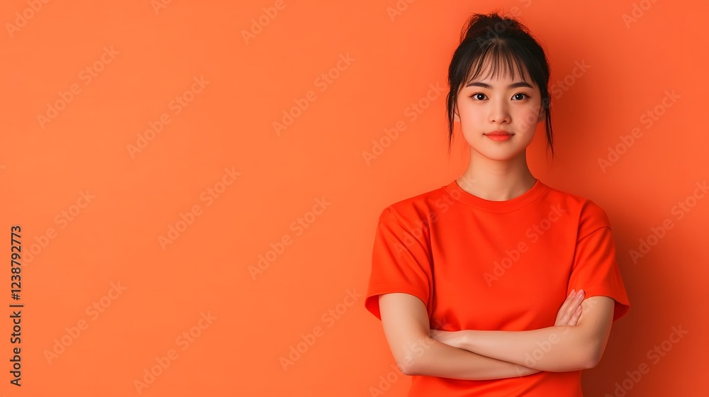 Obraz premium Empowered Asian Athlete in Vibrant Sportswear Stance on Pastel Orange Background