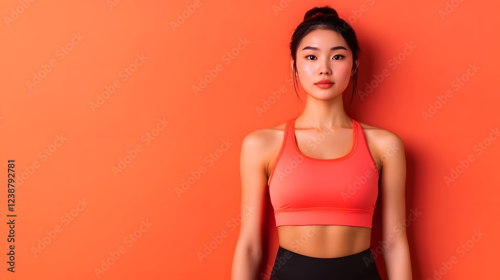 Obraz premium Asian Athlete in Sportswear Standing against Pastel Orange Background