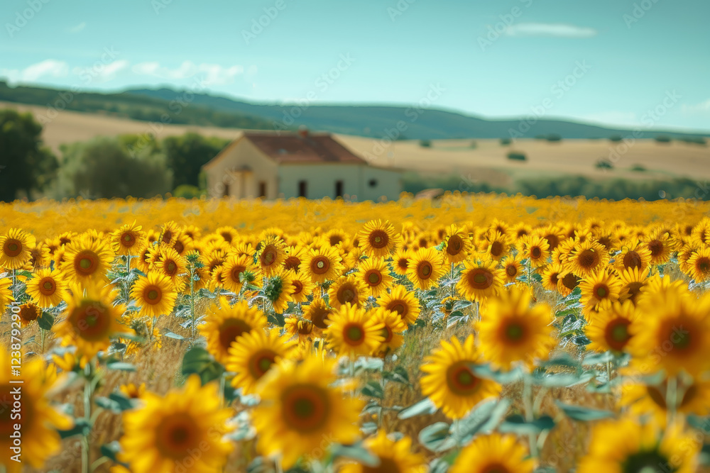 Fototapeta premium Sunflower blooming field countryside nature photography sunny environment wide angle view