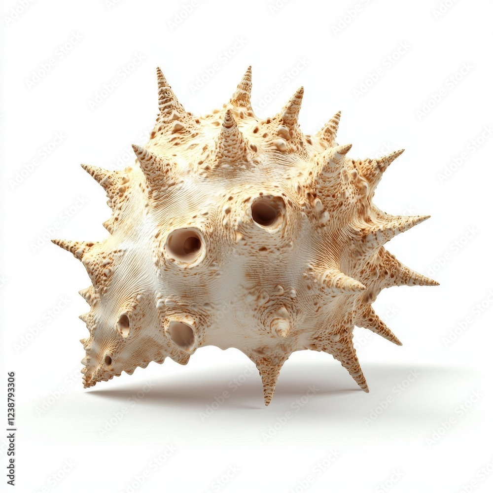 n Exotic Spiky Shell with Sharp Edges and a Pale Sandy Color, Textured and Unique, Isolated on White Background n Exotic Spiky Shell with Sharp Edges and a Pale Sandy Color, Textured and Unique, Isolated on White Background
