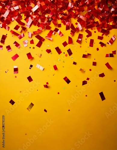 Fundo amarelo com confetes de carnaval vermelhos caindo