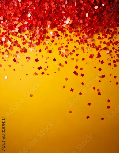 Fundo amarelo com confetes de carnaval vermelhos caindo