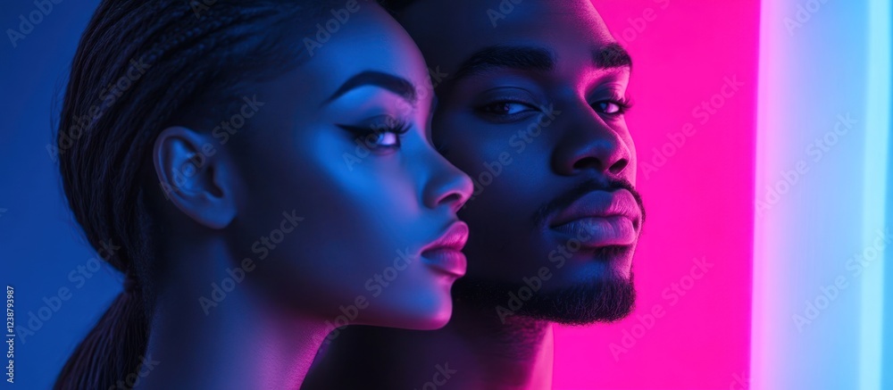 Couple's neon portrait, studio, romance, vibrant background, album art Couple's neon portrait, studio, romance, vibrant background, album art