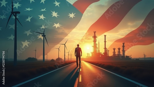 Man at Crossroads Under American Sunset