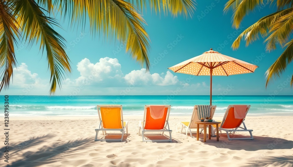 Fototapeta premium Beautiful tropical beach banner. White sand and coco palms travel tourism wide panorama background concept. Amazing beach landscape
