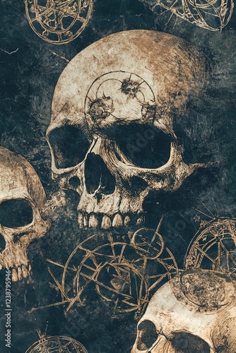 A collection of intricately sketched skulls layered against a dark, textured background adorned with abstract geometric patterns and mystical symbols. The artwork combines elements of classic anatomy  photo