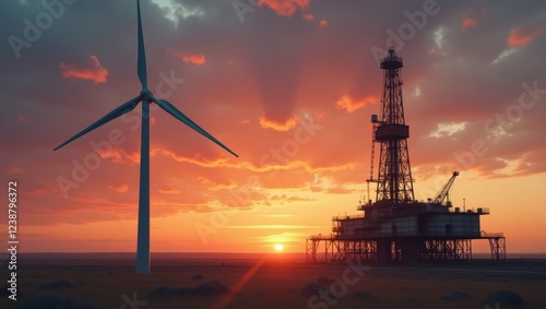 Vibrant Sunset Over Oil Rig and Wind Turbine Landscape