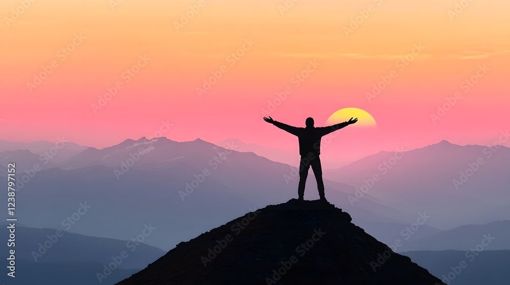 Silhouetted Figure on Mountain Peak Facing Sunrise,Symbolizing Freedom and Achievement Silhouetted Figure on Mountain Peak Facing Sunrise,Symbolizing Freedom and Achievement