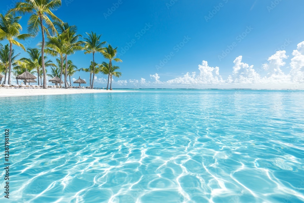 Fototapeta premium Quiet tropical poolside oasis with clear water and swaying palm trees under a bright blue sky