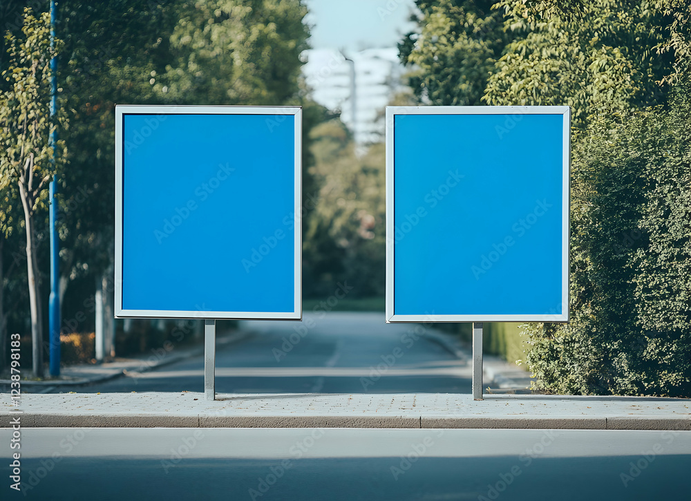 Two Blank Blue Street Signs on a Sunny Day Two Blank Blue Street Signs on a Sunny Day