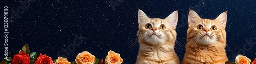 Two cats staring at a starlit sky from a rooftop covered in roses, whimsical and dreamy,