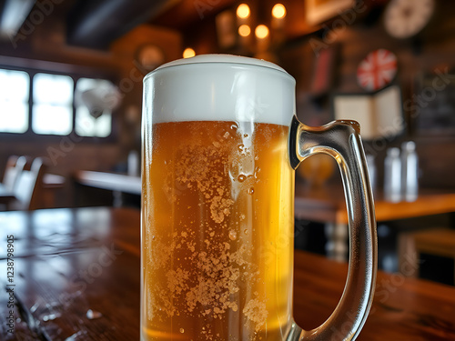 Glass of foamy cold beer with drops on the table in the bar. Generated AI