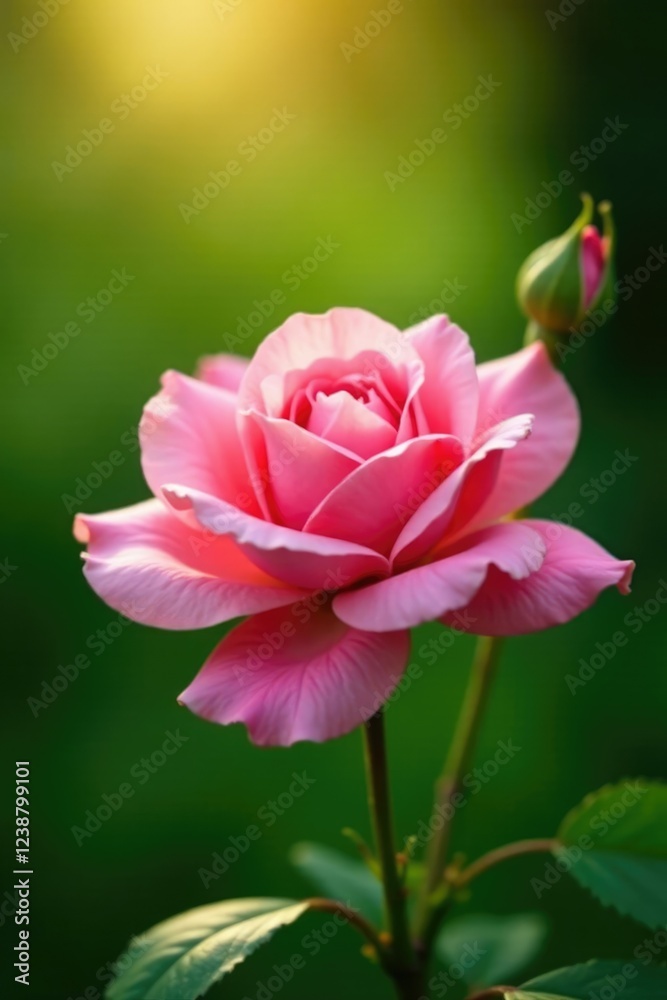 Delicate pink rose petals unfold in morning sunlight on a lush green background, botanical, blossoming Delicate pink rose petals unfold in morning sunlight on a lush green background, botanical, blossoming