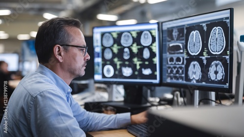 A man is looking at two computer monitors that display brain scans
