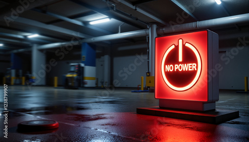 illuminated no power sign in dark parking garage for blogs, websites, industry reports, safety materials, energy awareness campaigns, maintenance guides, and emergency planning resources