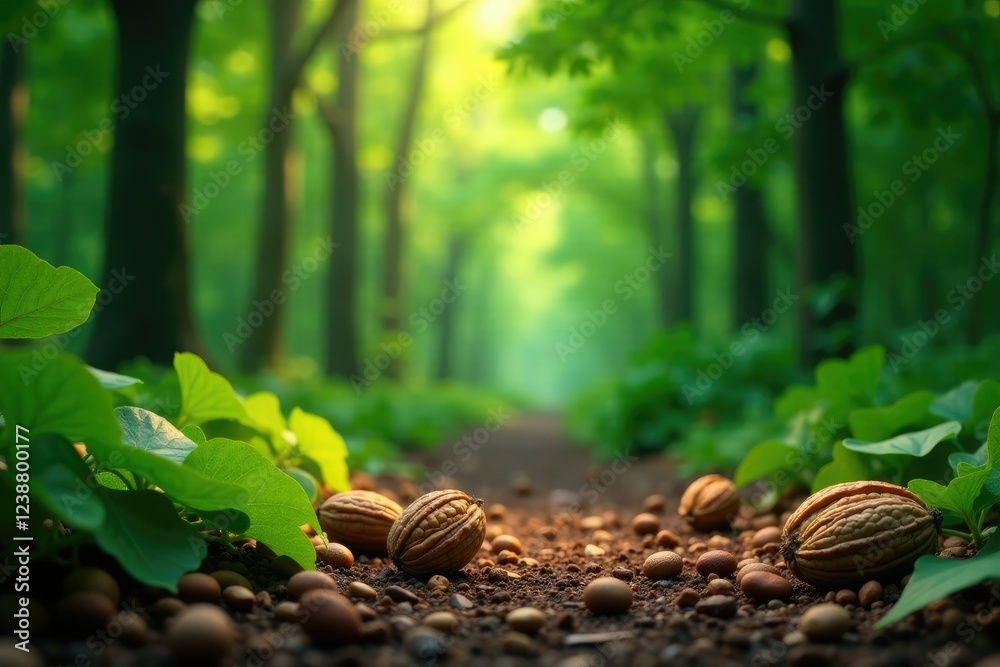 lush green foliage with cocoa beans and walnuts, forest, walnut lush green foliage with cocoa beans and walnuts, forest, walnut
