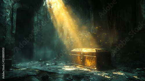 Golden chest, ancient crypt, light beam, dust motes, treasure hunt