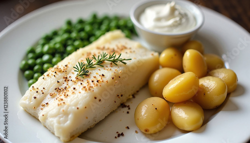 A plate of traditional Scandinavian lutefisk served with boiled potatoes, peas, and a dollop of butter, showcasing this classic Nordic dish. photo