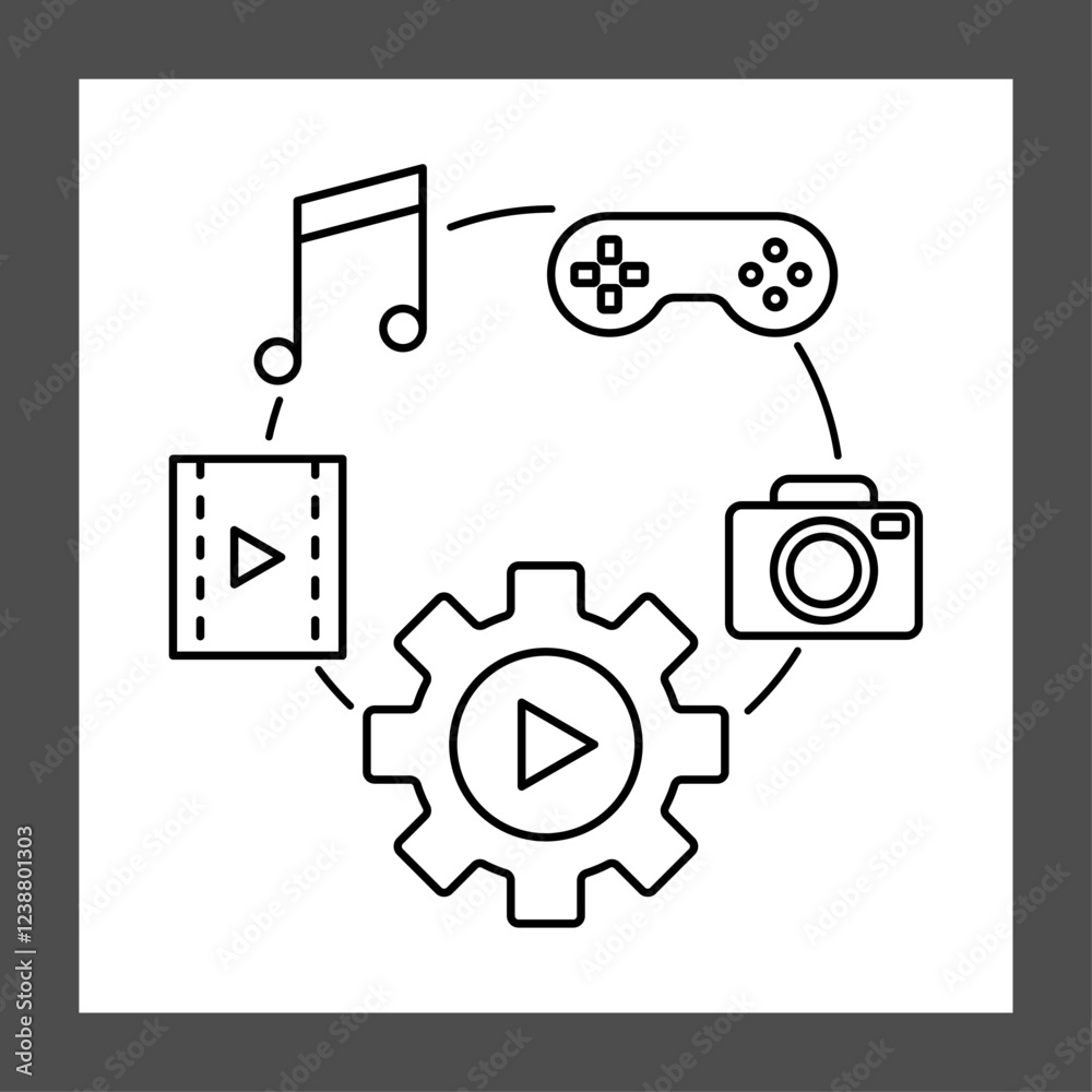 A circular arrangement of icons representing different media types A circular arrangement of icons representing different media types
