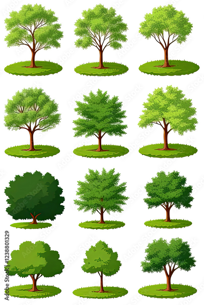 Fototapeta premium Set of different green trees with trunks and foliage illustrations isolated at white background