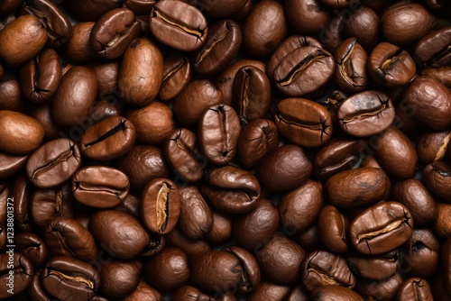 Rich, aromatic roasted coffee beans create an enticing backdrop, perfect for coffee shop promotions or caffeine inspired designs photo