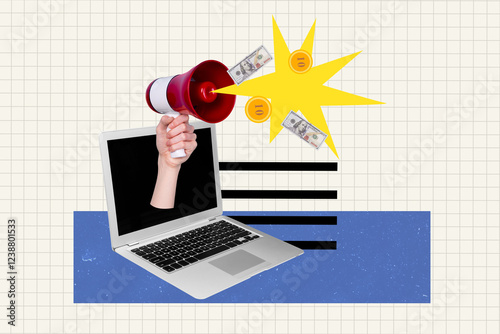 Fototapeta Naklejka Na Ścianę i Meble -  Sketch design trend poster 3D photo collage of laptop monitor hand hold loudspeaker proclaim income economy bank budget trade money coins