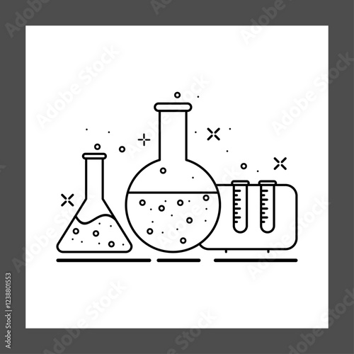 Three laboratory glassware pieces, including a conical flask, a round-bottom flask, and a graduated cylinder, all filled with liquid and featuring bubbles