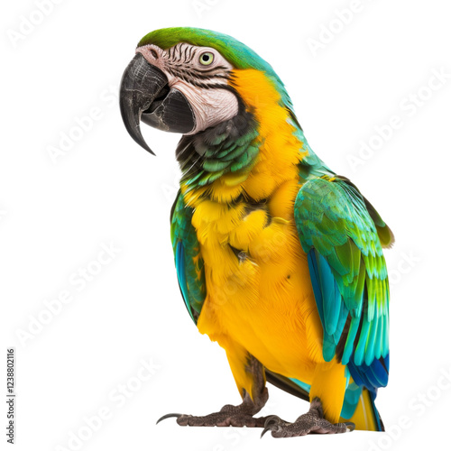 Vibrant yellow and blue parrot with striking plumage and detailed facial features on display