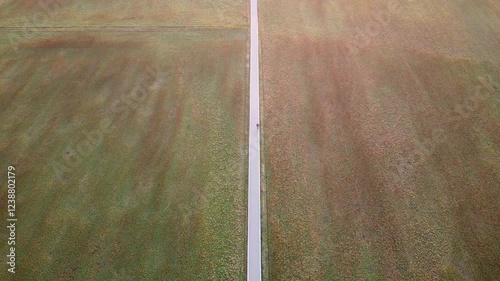 Steady aerial footage of a lonely person walking on a path through empty fields