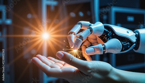 Robot hand sparking light into human palm in a tech environment for blogs, websites, innovation-related presentations, educational content, digital art, and creative projects