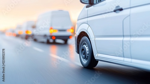 Delivery Vans at Dusk, a fleet of couriers departing a distribution center, brake lights illuminating the evening sky, creating a dynamic urban scene in soft twilight.