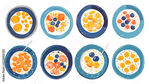 Porridge And Cornflakes Plates Collection Stylized Illustrations Trendy Style White Background Unique Artwork Creative Design Breakfast Illustrations Decorative Features Artistic