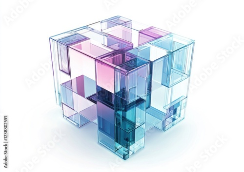Abstract glass cube with interlocking transparent shapes in pink and blue hues.