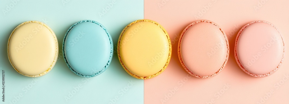 Colorful macarons arranged neatly on a pastel background, featuring shades of blue, yellow, and pink, appealing to dessert lovers and food enthusiasts. Colorful macarons arranged neatly on a pastel background, featuring shades of blue, yellow, and pink, appealing to dessert lovers and food enthusiasts.