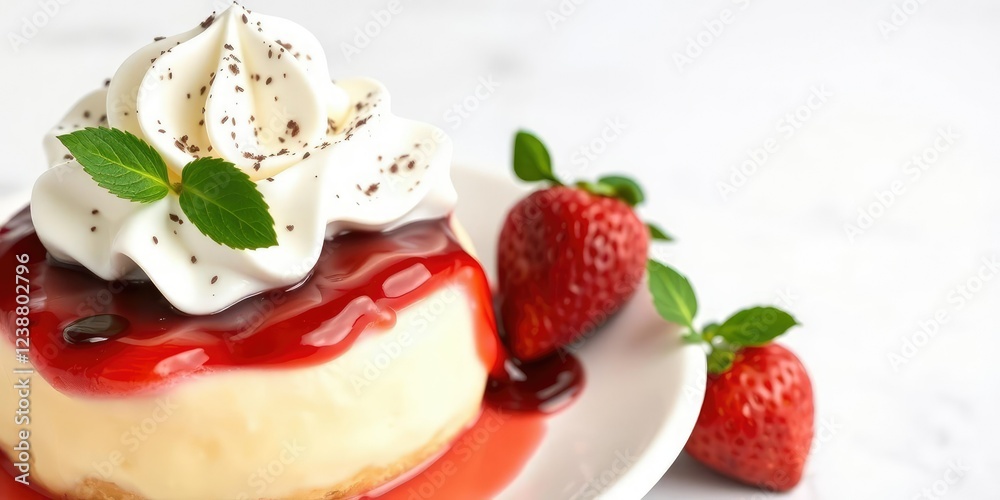 Strawberry custard dessert with jam and whipped cream on top, tasty, strawberries Strawberry custard dessert with jam and whipped cream on top, tasty, strawberries