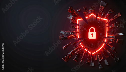 Digital shield breaking with a padlock for cybersecurity blogs, websites, tech presentations, digital safety awareness, and security-themed designs