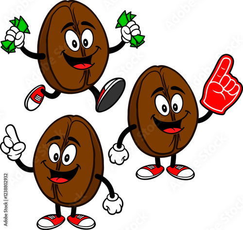 Coffee Bean Character Set 01, Hand Drawn Vector illustrations, Isolated On Transparent Background
