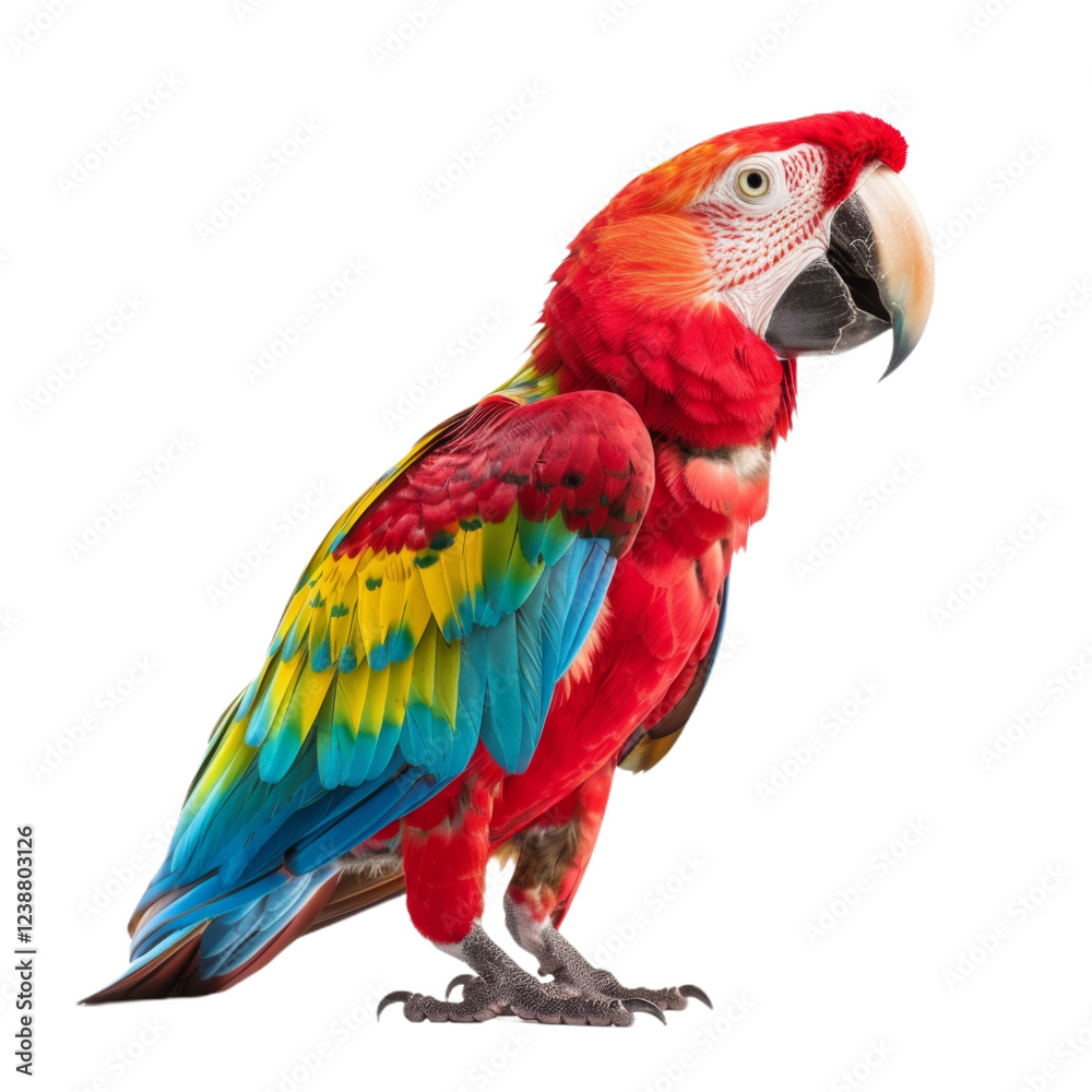 Vivid scarlet macaw with multicolored feathers perched gracefully in a bold portrait Vivid scarlet macaw with multicolored feathers perched gracefully in a bold portrait