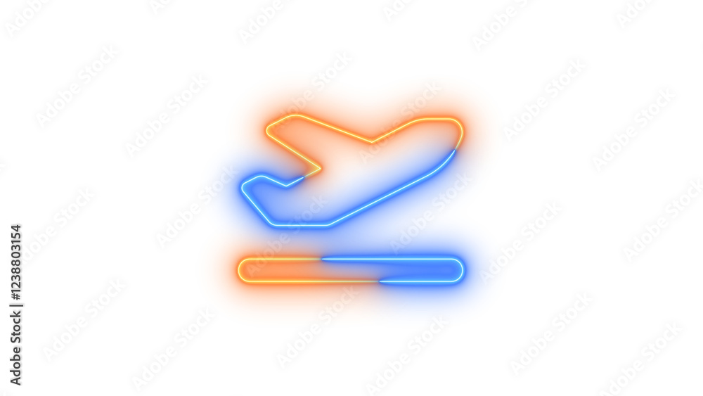 Fototapeta premium Neon plane departure icon blue brown color glowing with transparent background