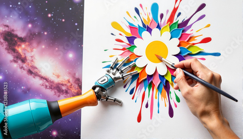 Robot hand painting a vibrant flower design on canvas against a cosmic background for blogs, websites, art presentations, educational materials, and digital creativity projects.