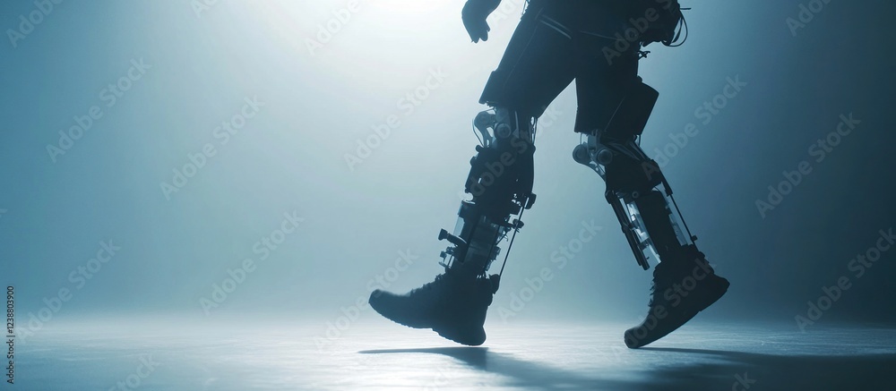 Robotic legs walking, futuristic studio, blue light Robotic legs walking, futuristic studio, blue light