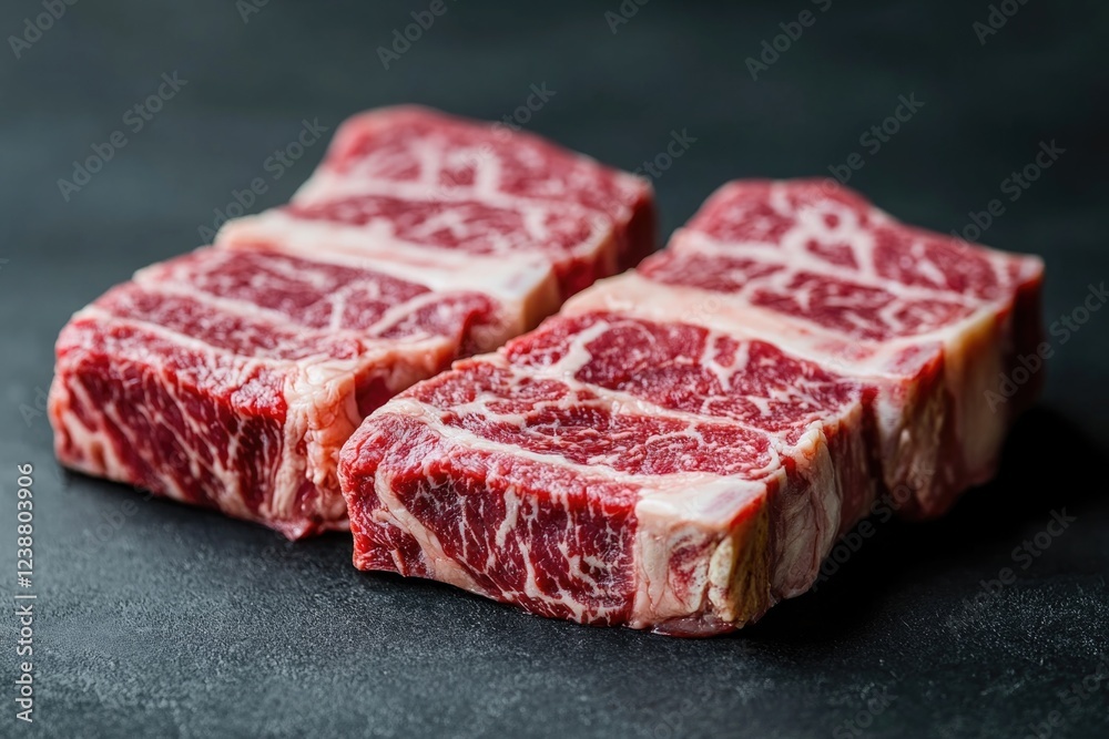 A close-up shot of two pieces of meat sitting on a table A close-up shot of two pieces of meat sitting on a table