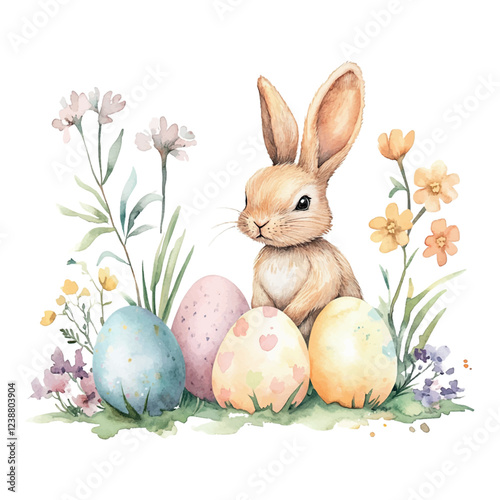 Easter rabbit is sitting in front of three eggs, with flowers in the background. The image has a playful and whimsical mood, with the rabbit and eggs being the main focus